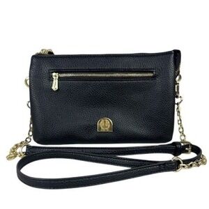 House of Harlow 1960 Black Faux Leather Crossbody Bag Purse Gold Chain Accent
